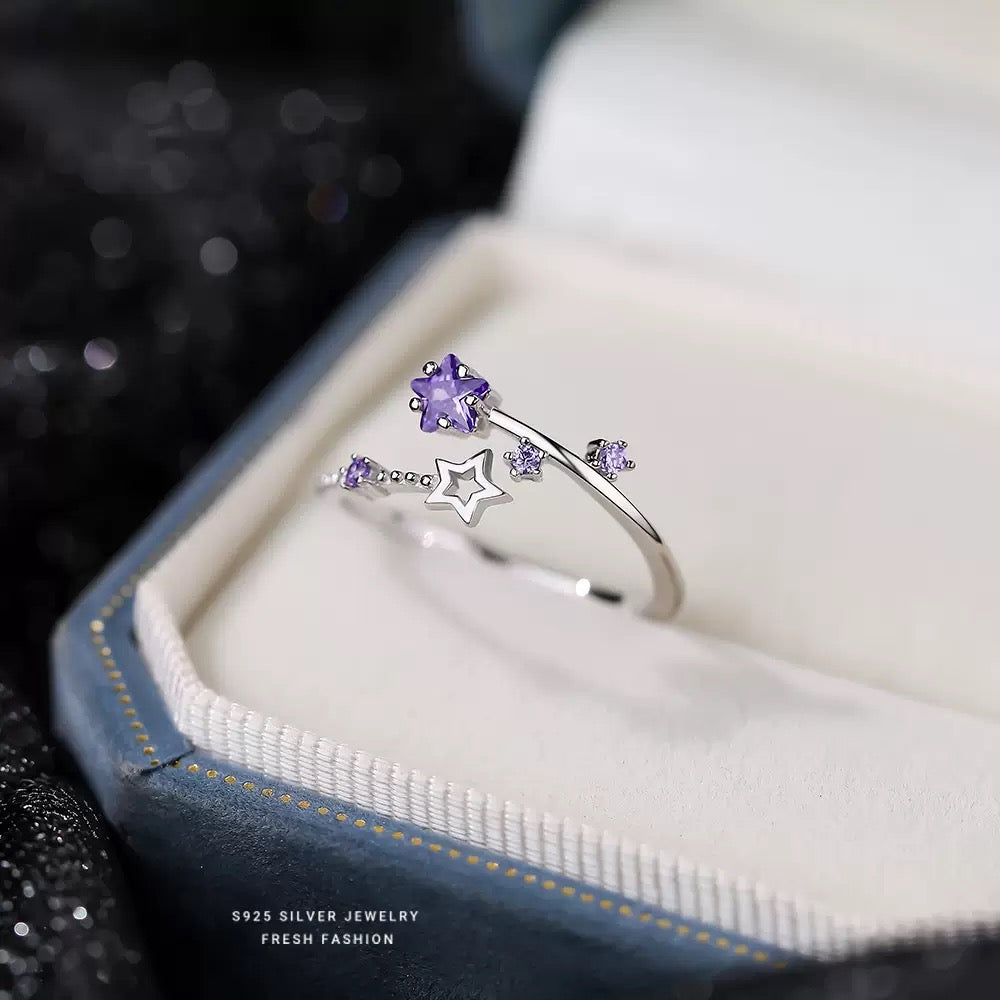 925 Silber Ring – Sterne & Lila Kristalle, Verstellbar