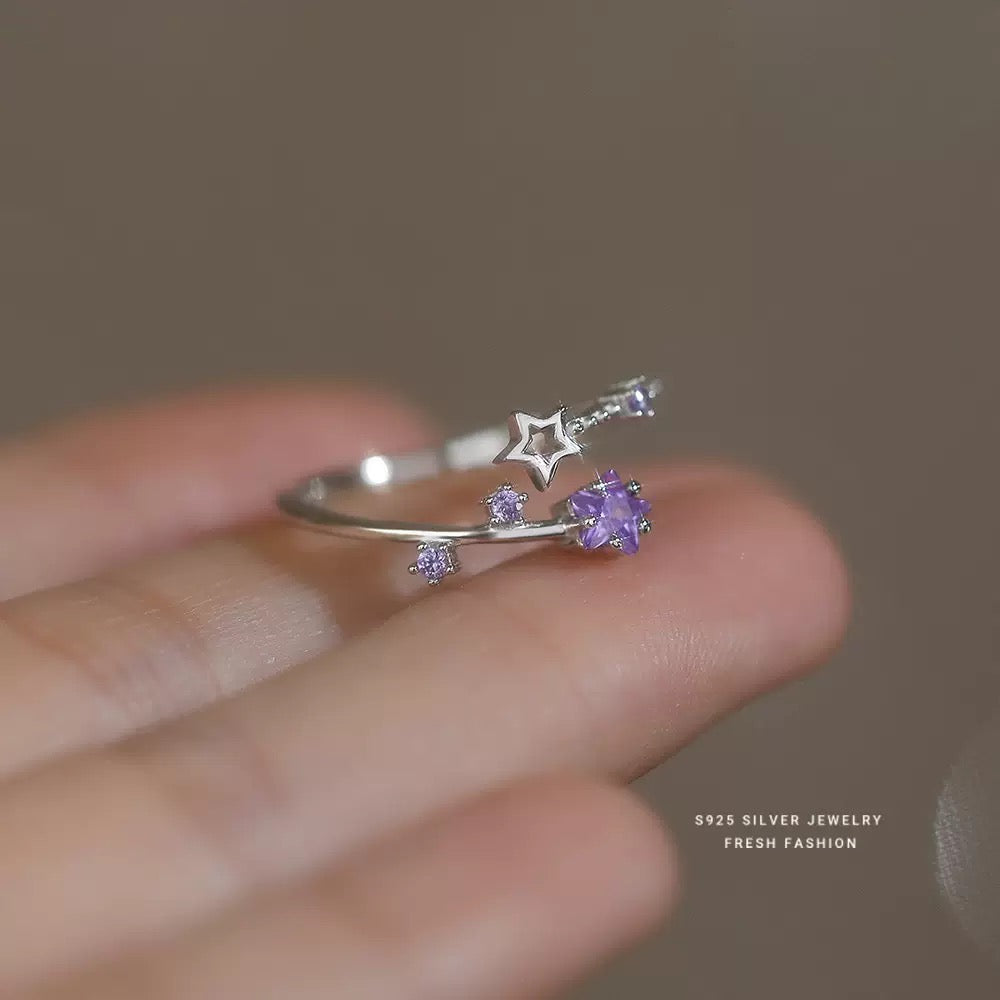 925 Silber Ring – Sterne & Lila Kristalle, Verstellbar