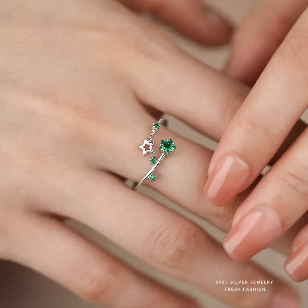 925 Silber Ring – Sterne & Lila Kristalle, Verstellbar