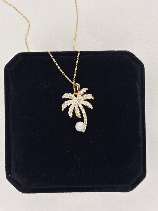 Silberne Palmenkette mit Zirkonia & Perle